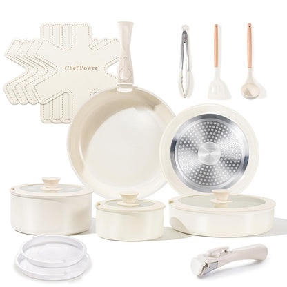 Chef Power Ceramic Cookware Set Non Toxic with Detachable Handles, Healthy Nonstick Pans and Pots Set 19 Pcs, Induction Dishwasher Oven Safe Kitchen Set, PFAS PFOA & PTFE Free, Cream White