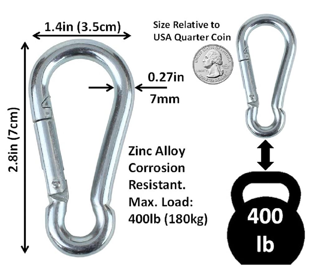 Branded Boards Black & Silver Zinc-Galvanized Heavy Duty Bushcraft Carabiner Spring Snap Clip Link Hooks 200-500lb Load 2, 6 & 12 Packs (Silver-7cm-12 Pack)