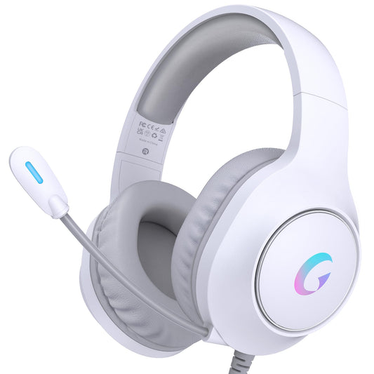 syndesmos CM7002 Gaming Headset for PS5, PS4, PC, Mac, Switch, Xbox Series, Surround Sound RGB Gaming Headphones with Noise Canceling Microphone, 50MM Dynamic Drivers, 3.5MM Audio Jack, Light White