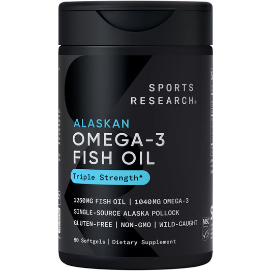 Sports Research Triple Strength Omega 3 Fish Oil - Burpless Fish Oil Supplement w/EPA & DHA Fatty Acids from Single-Source Wild Alaskan Pollock - 1250 mg, 90 ct