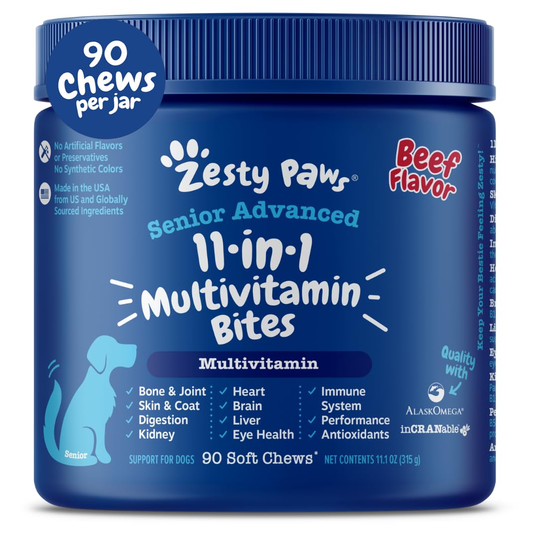 Zesty Paws Senior Dog Multivitamin Treats - Glucosamine for Dogs + Digestive Enzymes & Probiotics - Grain Free Dog Vitamins and Supplements for Skin & Coat + Immune Health Beef - Advanced - 90ct