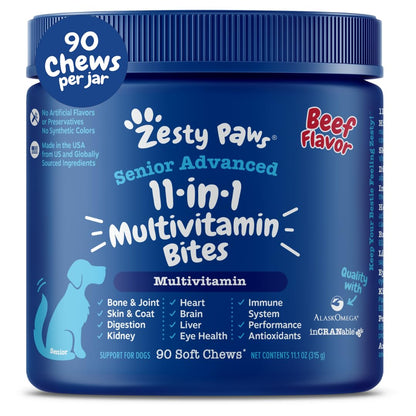 Zesty Paws Senior Dog Multivitamin Treats - Glucosamine for Dogs + Digestive Enzymes & Probiotics - Grain Free Dog Vitamins and Supplements for Skin & Coat + Immune Health Beef - Advanced - 90ct