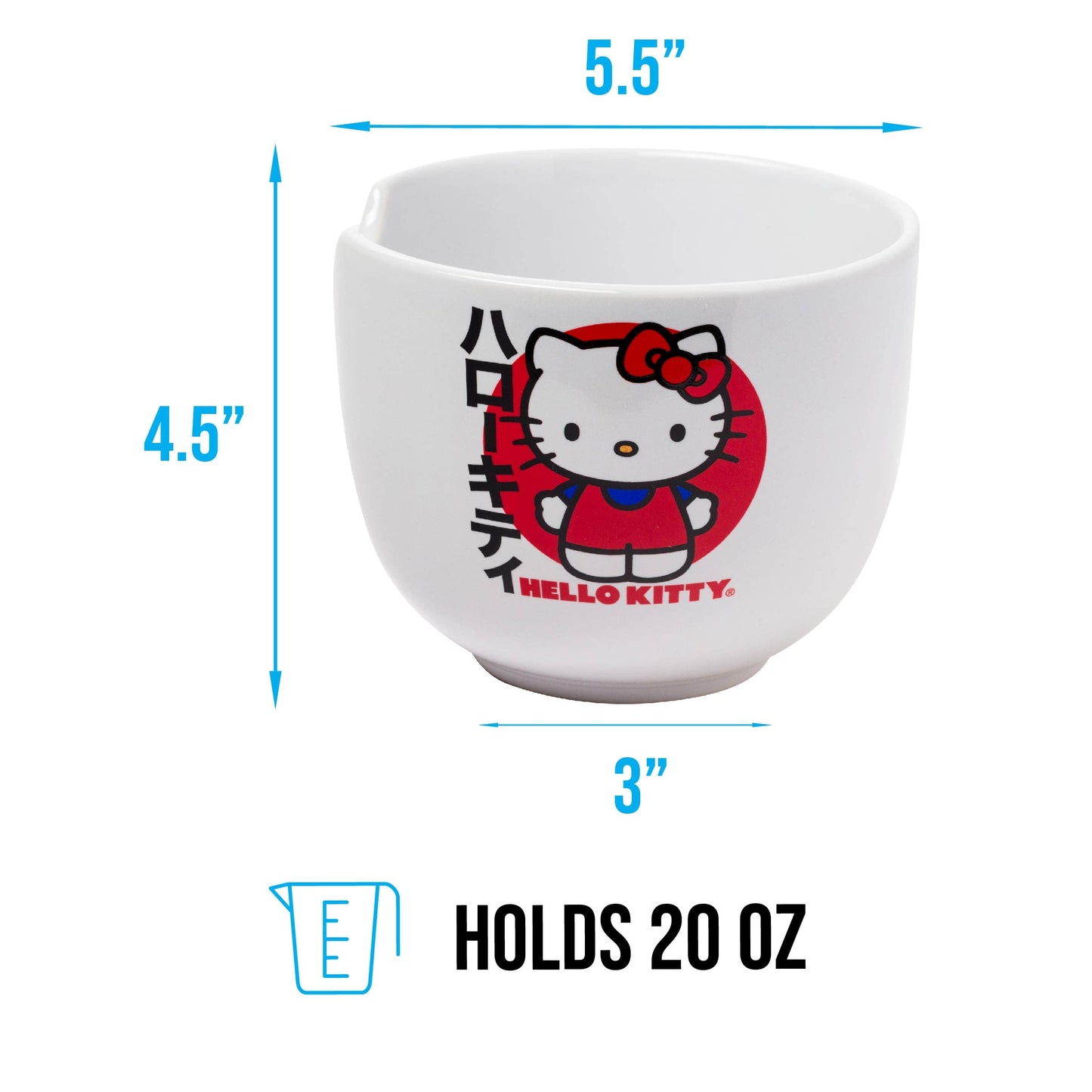 Silver Buffalo Sanrio Hello Kitty Japanese Ceramic Ramen Noodle Rice Bowl with Chopsticks, Microwave Safe, 20 Ounces