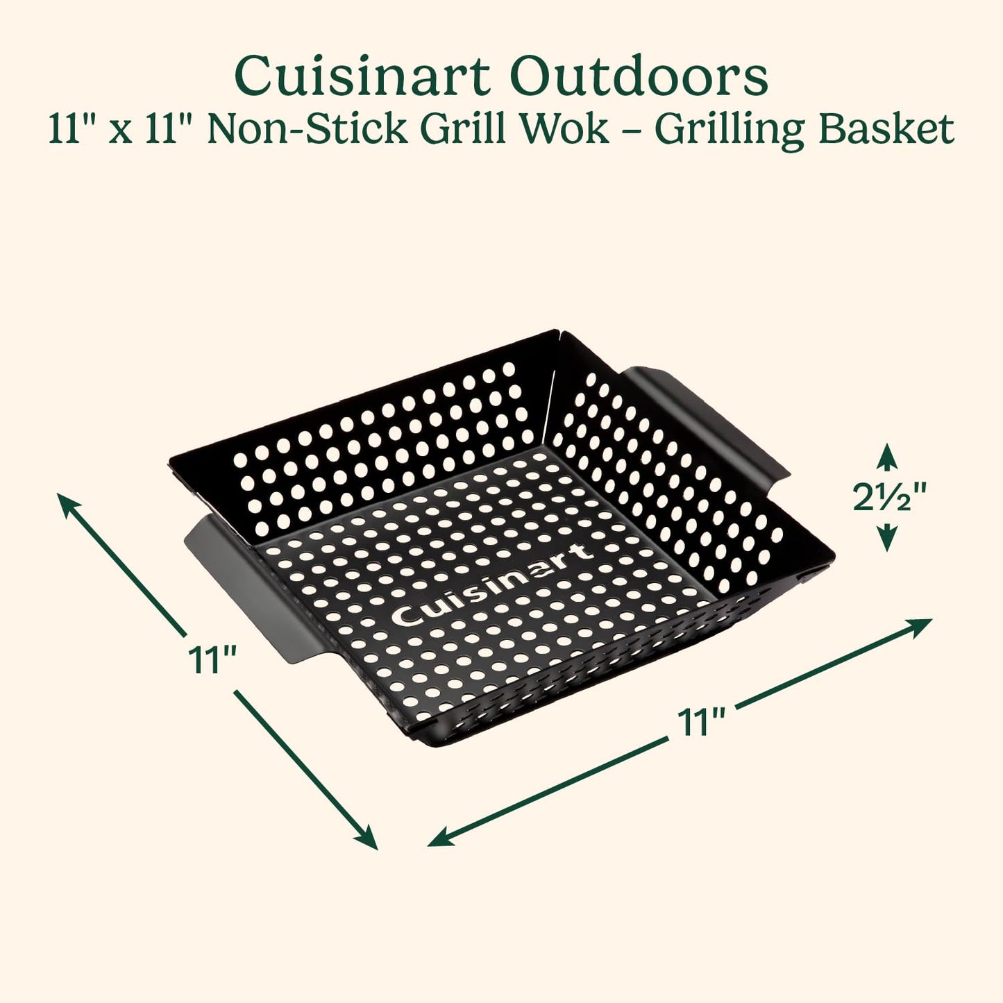 Cuisinart 11" x 11" Non-Stick Grill Wok, Perforated BBQ Grill Basket for Grilling Veggies, Meat & Stir-Fry, Outdoor Grilling Basket for Charcoal and Gas Grills