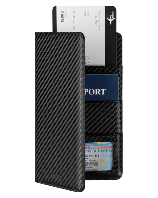VULKIT Passport Wallet RFID Blocking Travel Wallet for Men & Women, Long Size, Carbon Fiber Black