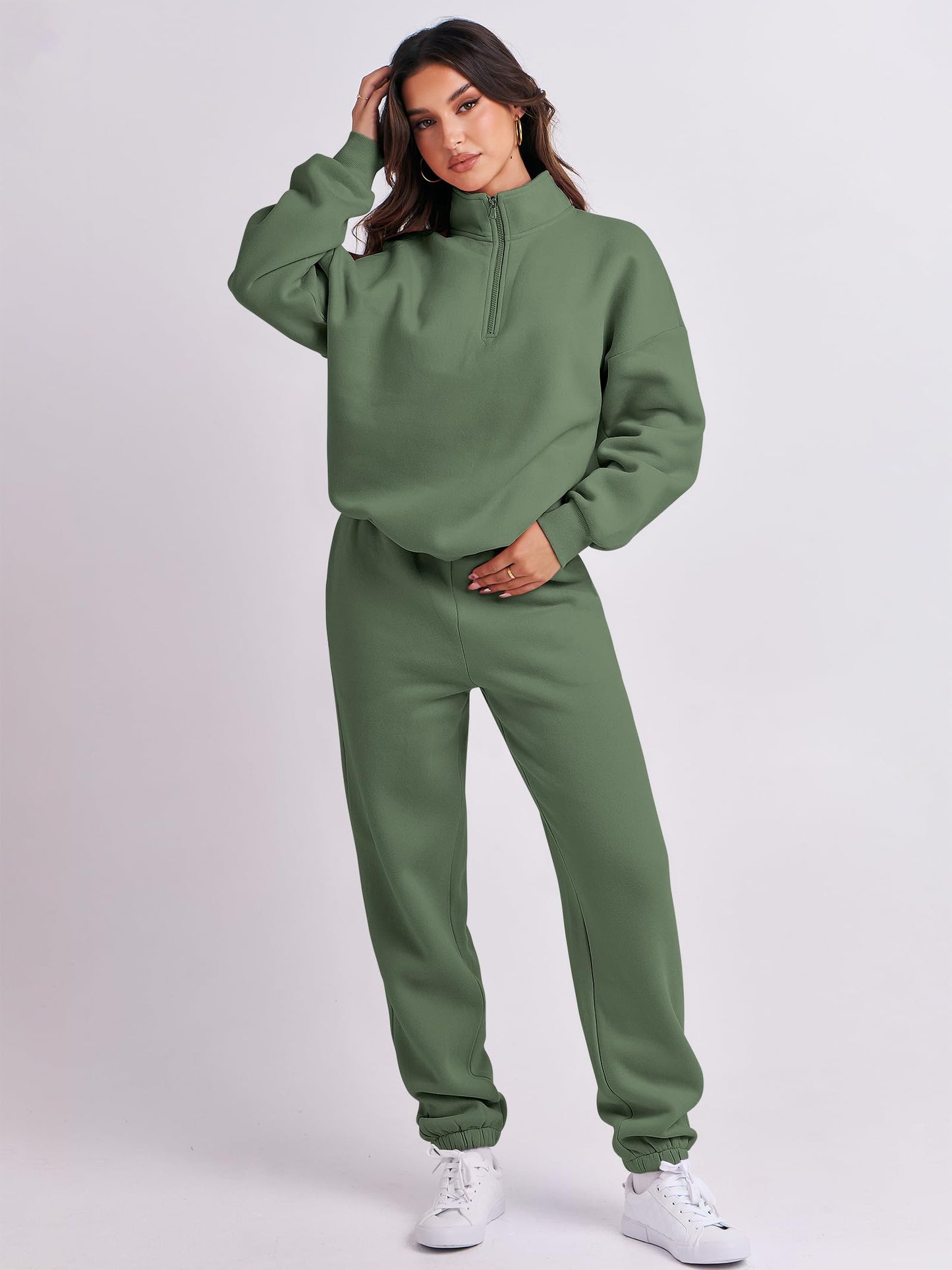 ANRABESS Women 2 Piece Outfits Sweatsuit Oversized Half Zip Sweatshirt Jogger Sweatpants Tracksuit Lounge Set 2025 Clothes