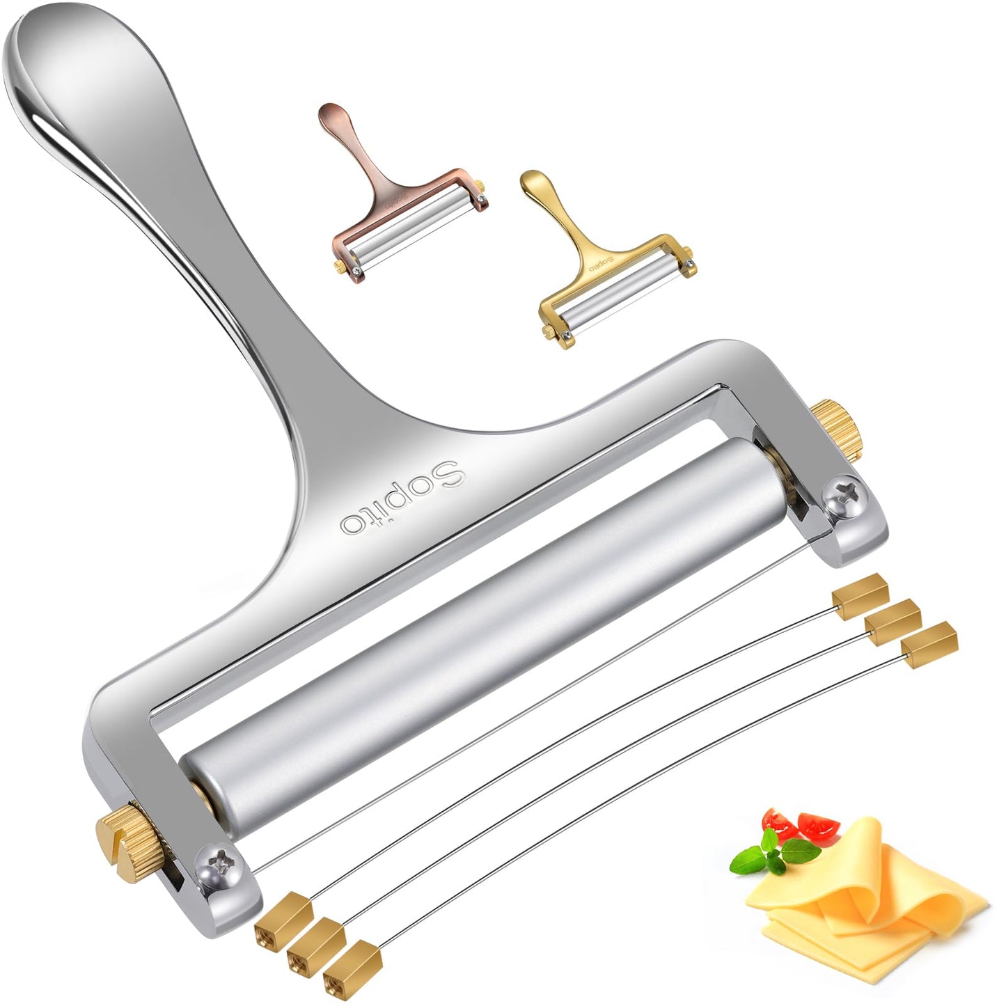 Sopito Stainless Steel Wire Cheese Slicer With 3 Extra Wires Adjustable Thickness, Handheld Cheese Block Cutter for Cheddar, Gruyere, Raclette, Mozzarella
