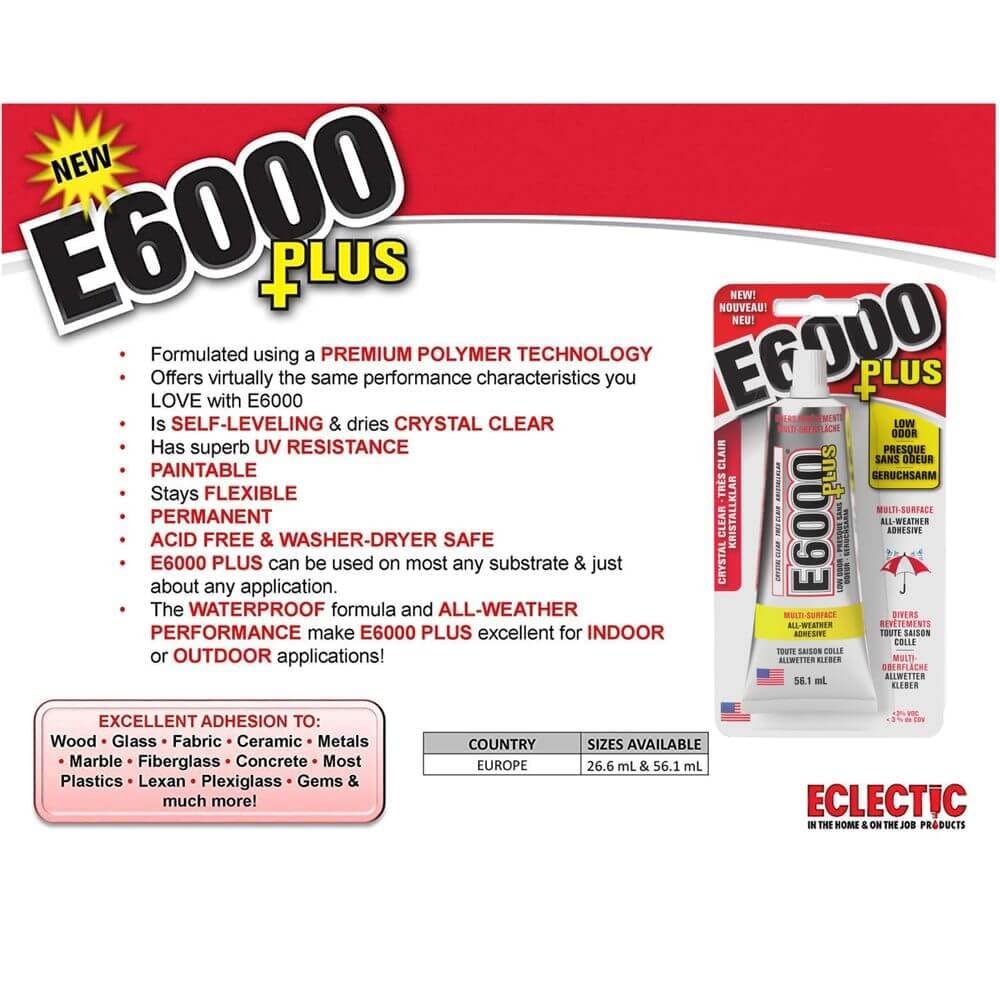 E6000 Eclectic Products inc. Plus Multi-purpose Clear Glue, Waterproof and Paintable, Strong Flexible Craft Adhesive for Wood, Glass, Fabric, Ceramic, Metal and More, 26.6ml