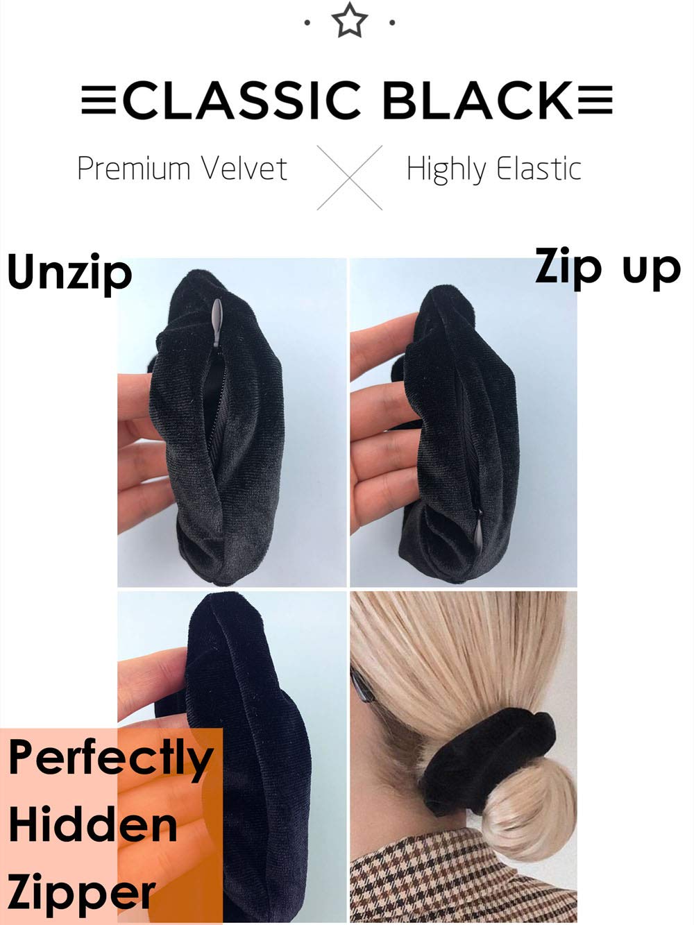 Zipper Scrunchies, Pocket Scrunchie, SECRET & HIDDEN, Velvet Hair Ties Bracelet, Compatible with Apple AirPods 3&2&1, Key Money Chapstick Storage Bag, Elastics Hair Band (Black 3PCS)