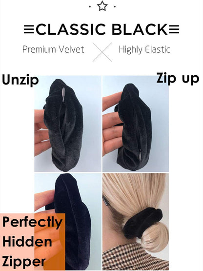 Zipper Scrunchies, Pocket Scrunchie, SECRET & HIDDEN, Velvet Hair Ties Bracelet, Compatible with Apple AirPods 3&2&1, Key Money Chapstick Storage Bag, Elastics Hair Band (Black 3PCS)