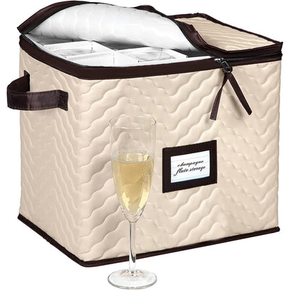 Champagne Flute Glass Storage Box with Dividers - Holds 12 Champagne Flute Glass up to 3" Wide - Stemware Storage Case - Protects Fine China - Durable Quilted Microfiber Bin with Carry Handles