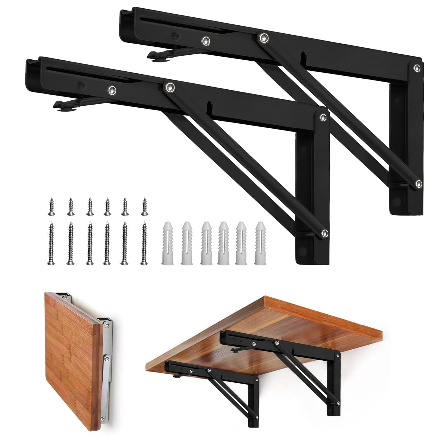Storystore Folding Shelf Brackets - 10 Inch Heavy Duty Metal Collapsible Shelf Bracket for Bench Table, Shelf Hinge Wall Mounted Space Saving DIY Bracket, Max Load: 150 lb (2 PCS, Black)