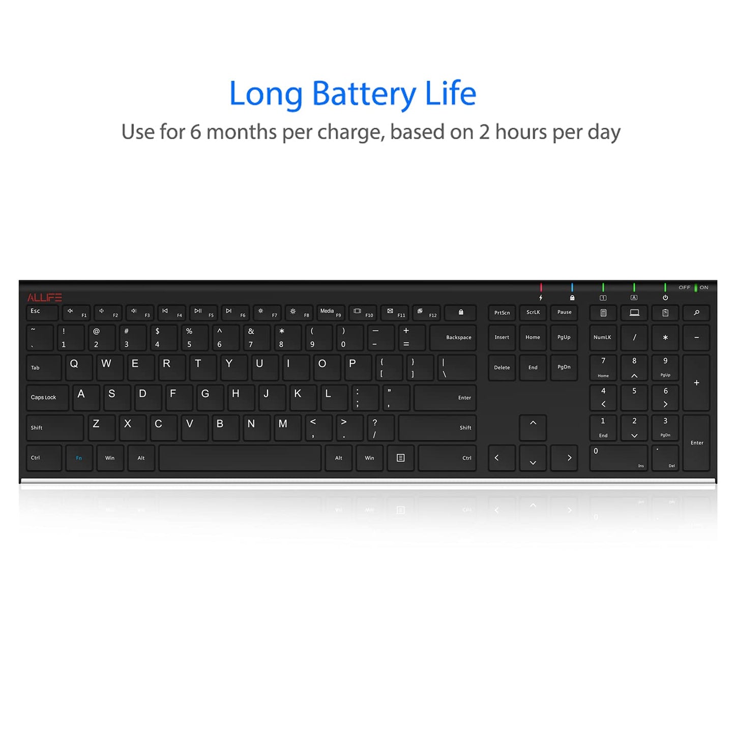ALLIFE 2.4G Wireless Keyboard Stainless Steel Ultra Slim Full Size Keyboard with Numeric Keypad for Computer/Desktop/PC/Laptop/Surface/Smart TV and Windows 10/8/ 7 Built in Rechargeable Battery