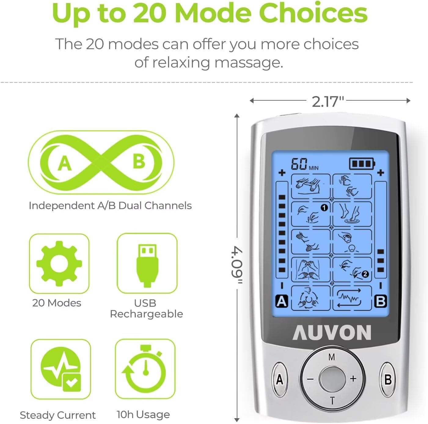 AUVON Dual Channel TENS Unit Muscle Stimulator Machine with 20 Modes, 2" and 2"x4" TENS Unit Electrode Pads