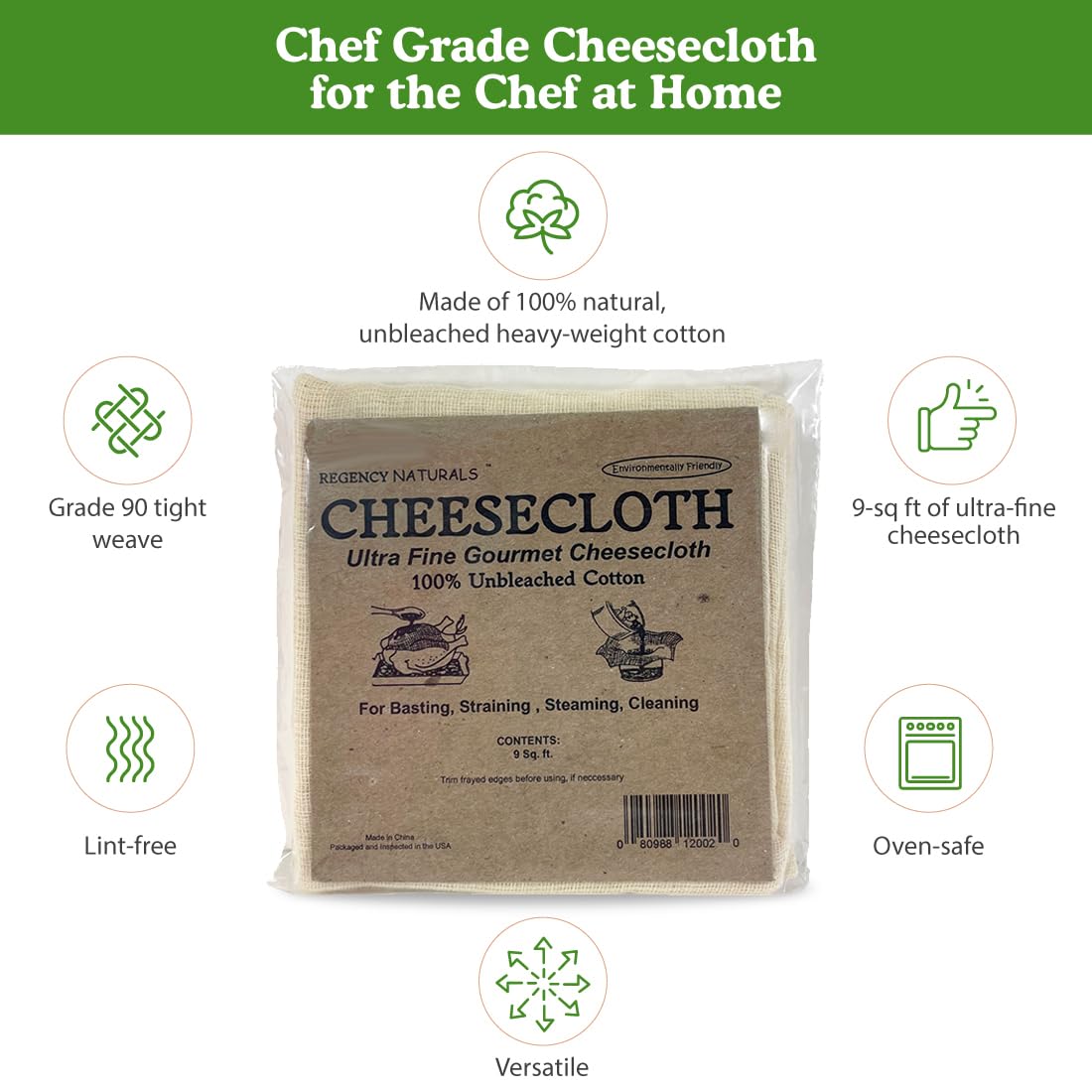 Regency Wraps 100% Cotton Ultra Fine Natural Cheese Cloth, 9 sq.ft 36" X36" 1pc, Chef Grade for Basting Turkey, Canning, Straining, Cheesemaking