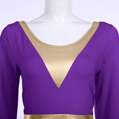 Women Girls Adult Full Length Bell Long Sleeves Loose Fit Liturgical Praise Dance Dress Ruffle Swing Casual Ballet Dance Costume Birthday Party Outfit Maxi Gowns Ballet Praisewear Purple + Gold XS