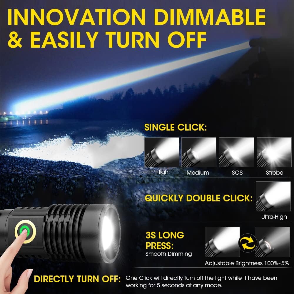 Rechargeable Flashlight High Lumens, High Lumens Super Bright Magnetic Flash Light, Long-Range Zoomable LED Flashlights for Emergency, Searching, Waterproof Flashlight Dimmable