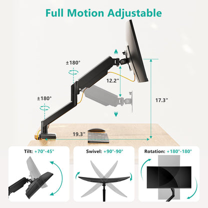 WALI Single Monitor Mount, Gas Spring Monitor Arm for 17-34 inch Screens, Adjustable Computer Monitors Stand up to 26.4lbs, with Clamp and Grommet Base, Mounting Holes 75 and 100mm (GSMP001N), Black