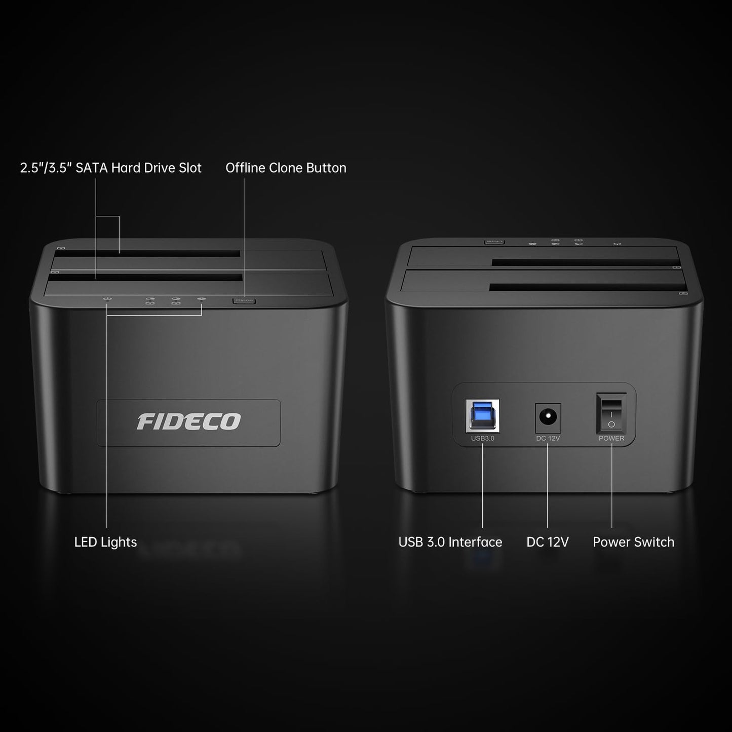 FIDECO External Hard Drive Docking Station, Hard Drive Dock for 2.5 and 3.5 inch SATA HDD SSD, HDD Docking Station with Dual Bay, USB 3.0 Hard Drive Reader, Support Offline Clone and UASP