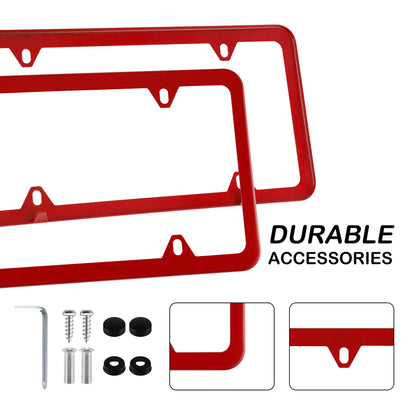 alpmosn 2PCS Stainless Steel License Plate Frames, 4 Holes Car Licence Plate Covers with Screws Washers and Caps, Car Exterior Accessories, License Plate Holder for US Vehicles (Red)