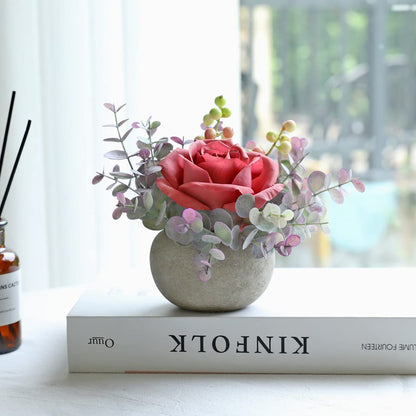 Rosscer Artificial Flowers Kit with Pot, Combination of Fake Silk Pink Roses and Greenery,Small Plant Potted Decor for Offices,Bookshelf,Bedroom, Living Room,Party,Wedding Decorations