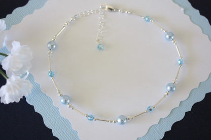 Something Blue Bride Gift Anklet, Sterling Silver and Blue Crystal Pearl and Crystal Wedding (Large 9 1/2" to 11")