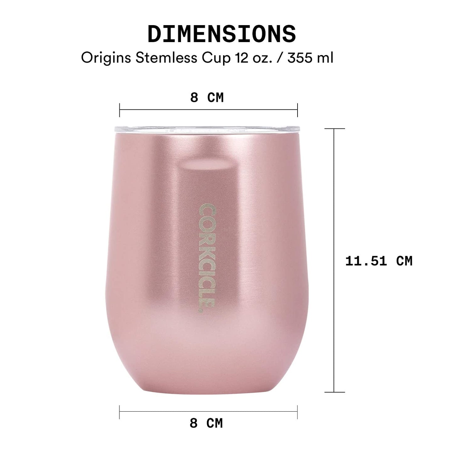 Corkcicle Luxe Collection 12 Oz Triple Insulated Stainless Steel Stemless Travel Cup with Lid & Silicone Bottom for Hot and Cold Drinks, Rose Metallic