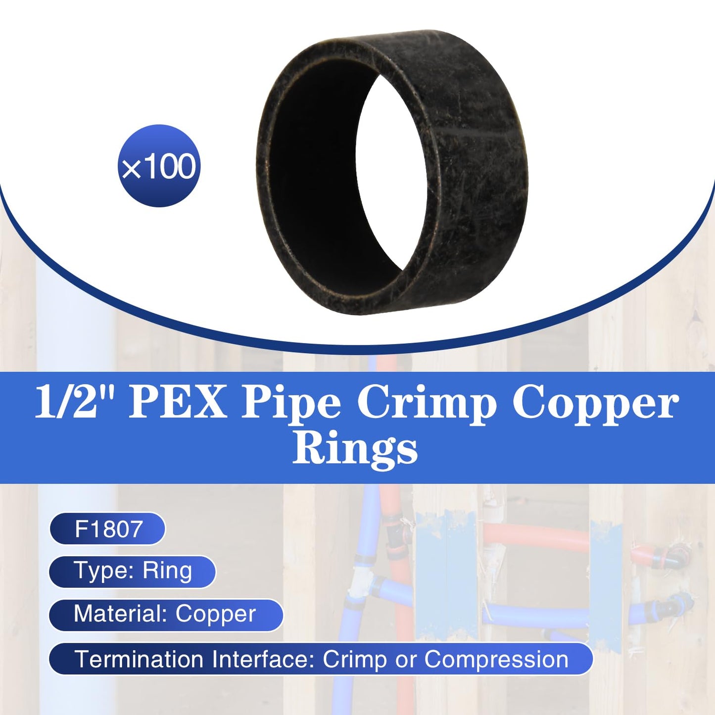 100 Pack 1/2" PEX Copper Crimp Rings, for Pex Pipe Connection (1/2", 100 Pack)
