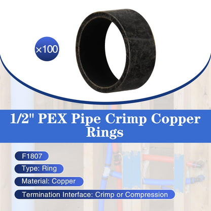 100 Pack 1/2" PEX Copper Crimp Rings, for Pex Pipe Connection (1/2", 100 Pack)