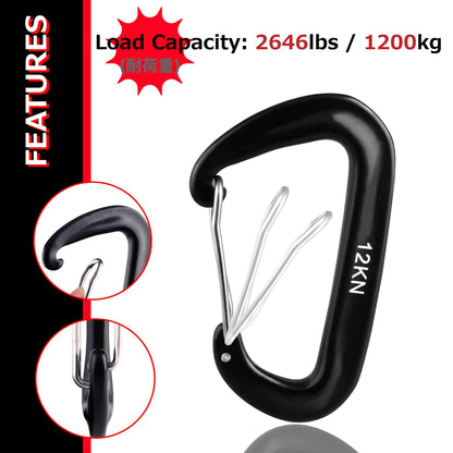 Azarxis Carabiner Clips, 12 kN Aluminium D Ring Heavy Duty Lightweight Caribeaners Key Chains for Hammock, Camping, Hiking, Outdoor, Gym, Dog Leash, Backpack, Harness (12kN - Wiregate - Black - 4 PCS)
