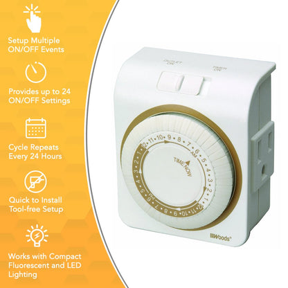 Woods 50001WD Indoor 24-Hour Heavy Duty Plug-In Mechanical Timer; 1 Grounded Outlet