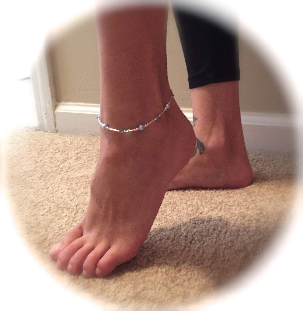 Something Blue Bride Gift Anklet, Sterling Silver and Blue Crystal Pearl and Crystal Wedding (Large 9 1/2" to 11")