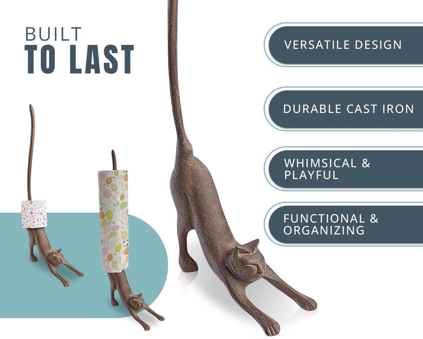 Yoga Cat Decorative Paper Towel Holder or Toilet Paper Holder - Adorable Downward Dog Pose Kitty - Cast Iron Paper Towel Stand - Antiqued Cast Iron Storage - Multiple uses - 19” Tall