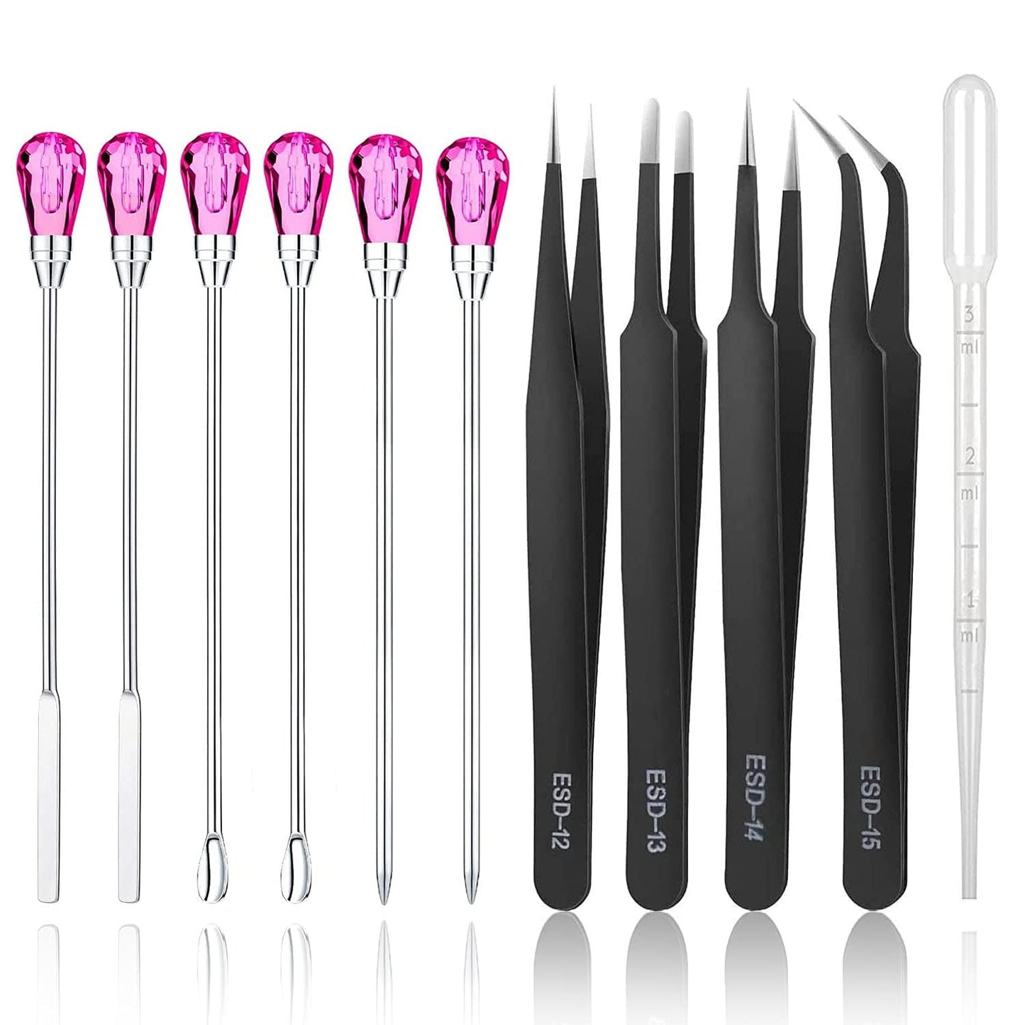 11 Pcs Silicone Resin Mold Tools Set Stirring Needle Spoon Tool Tweezers Precision Kit, Anti-Static Electronics Tweezers Set for Resin Art Crafts,Jewelry Making,DIY Epoxy Casting Molds(Rose Red)