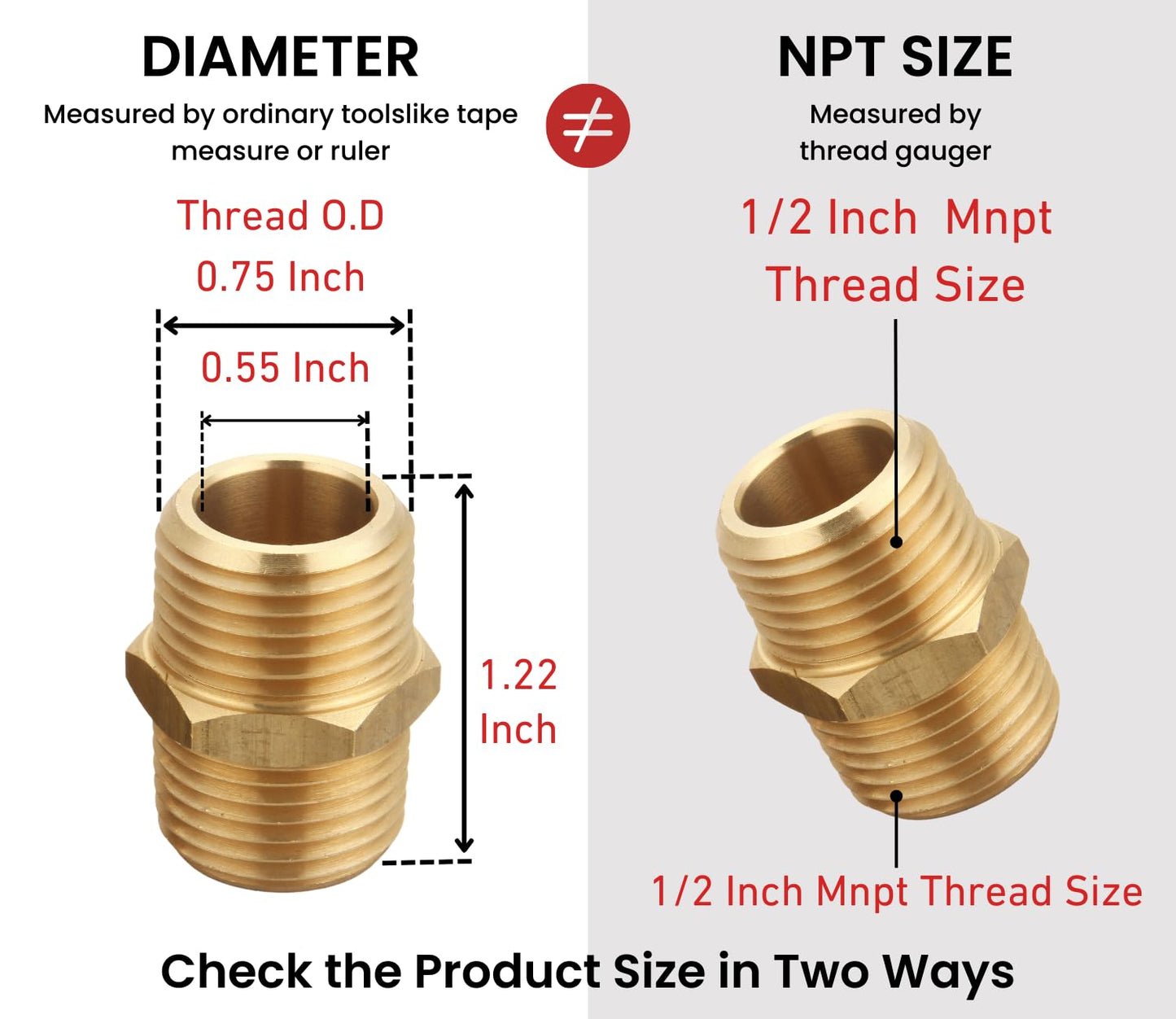 T TANYA HARDWARE 1/2 inch x 1/2 inch NPT Brass Hex Nipple Male Pipe Adapter, Thread 0.75" OD to 0.75" OD (2 Piece)