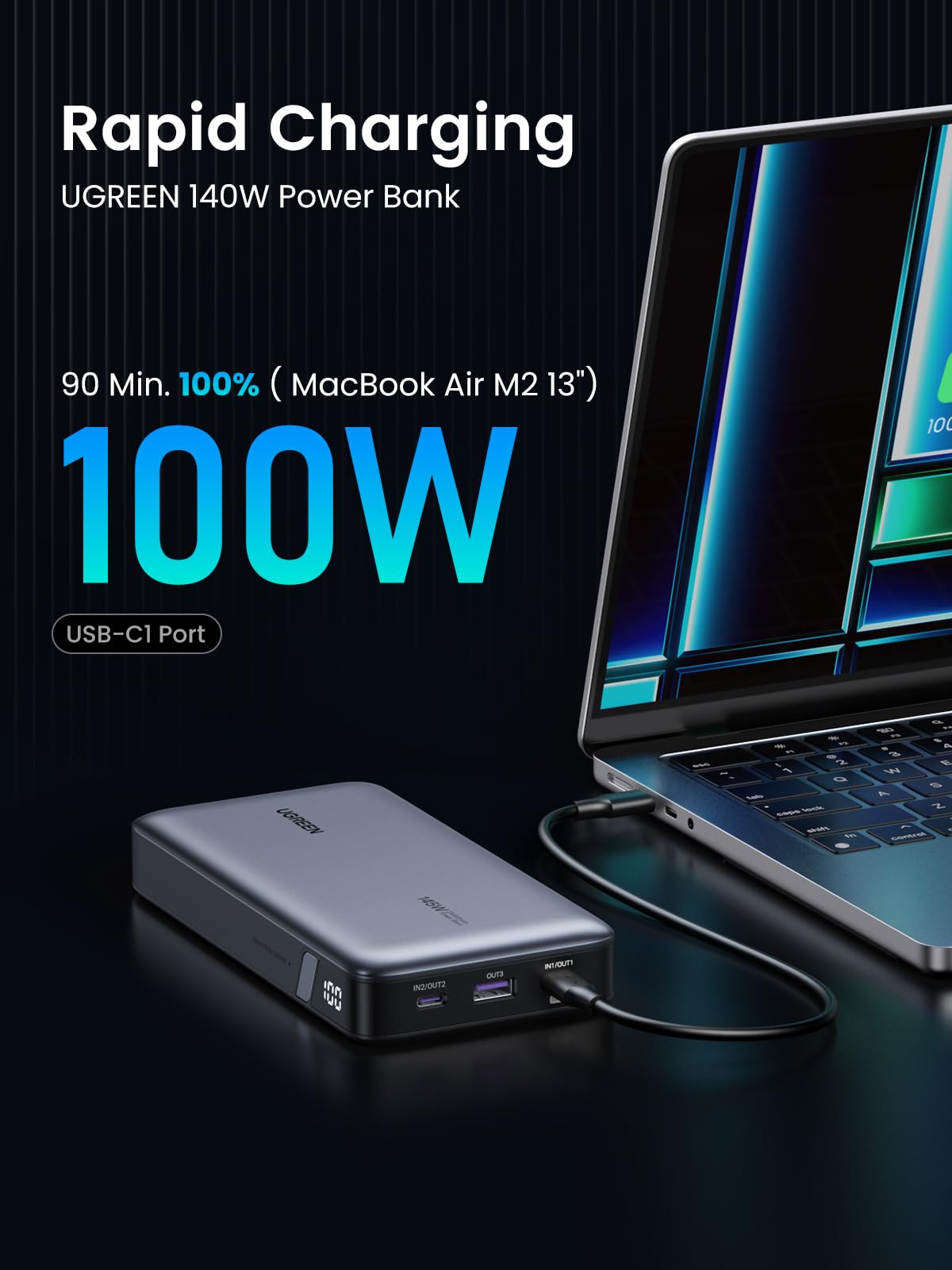 UGREEN Power Bank 25,000mAh 145W Laptop Portable Charger, Nexode 3-Port USB C PD Battery Pack, for MacBook Pro/Air, Dell XPS, iPhone 16/15/14, Galaxy S24, Steam Deck, iPad, and More