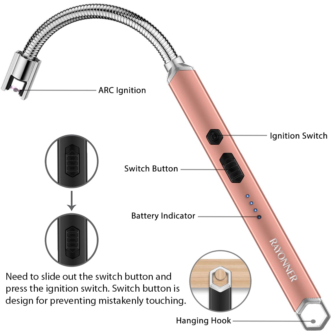 Electric Candle Lighter Long Flexible Neck Windproof Flameless USB Rechargeable Plasma Arc Lighter for Grill Firework Kitchen Camping (Black&Rose Gold)