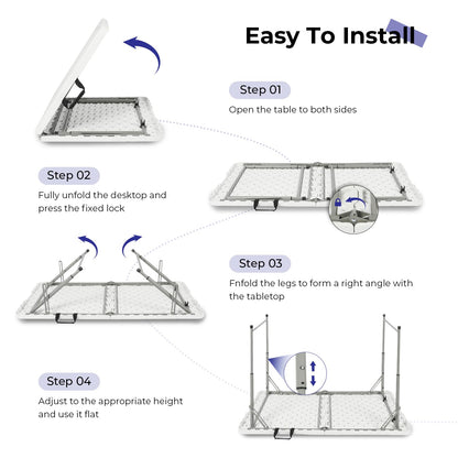 Byliable Folding Table 4 Foot Portable Heavy Duty Plastic Fold-in-Half Utility Table Small Indoor Outdoor Adjustable Height Folding with Carrying Handle, Camping and Party,White