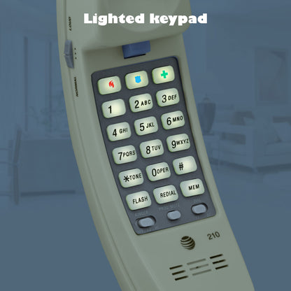 AT&T TRIMLINE 210 Corded Home Phone, No AC Power Required, Improved Easy-Wall-Mount, Lighted Big Button Keypad, 13 SpeedDial Keys, Last Number Redial, Mute, Flash, Volume Control, Beige