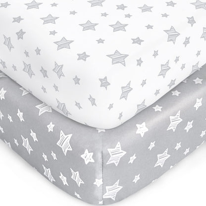 Crib Sheets for Boys or Girls 2 Pack, Fitted Crib Sheet for Standard Size Crib and Toddler Mattresses, Soft and Breathable Material, Grey & White