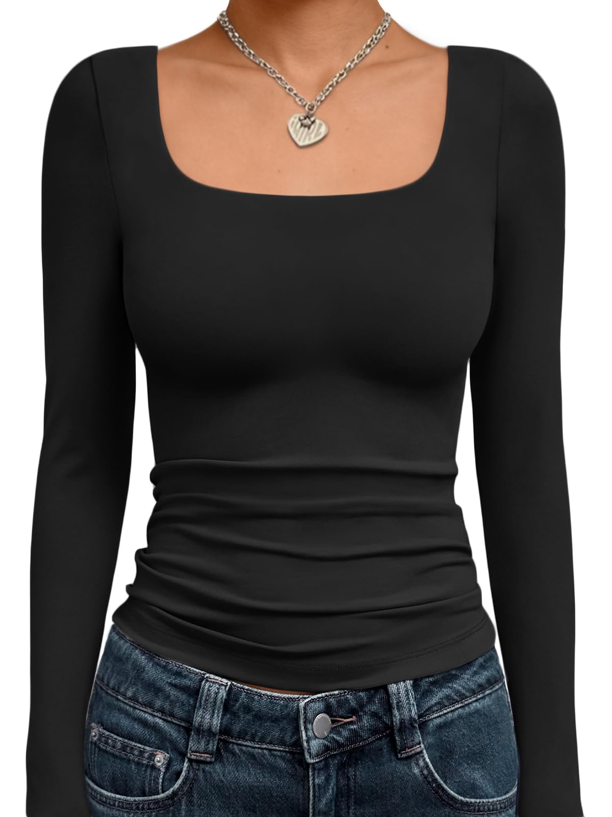 Trendy Queen Womens Long Sleeve Shirts Crop Tops Fall Fashion 2025 Square Neck Going Out Basics Tees Y2k Clothes Black M