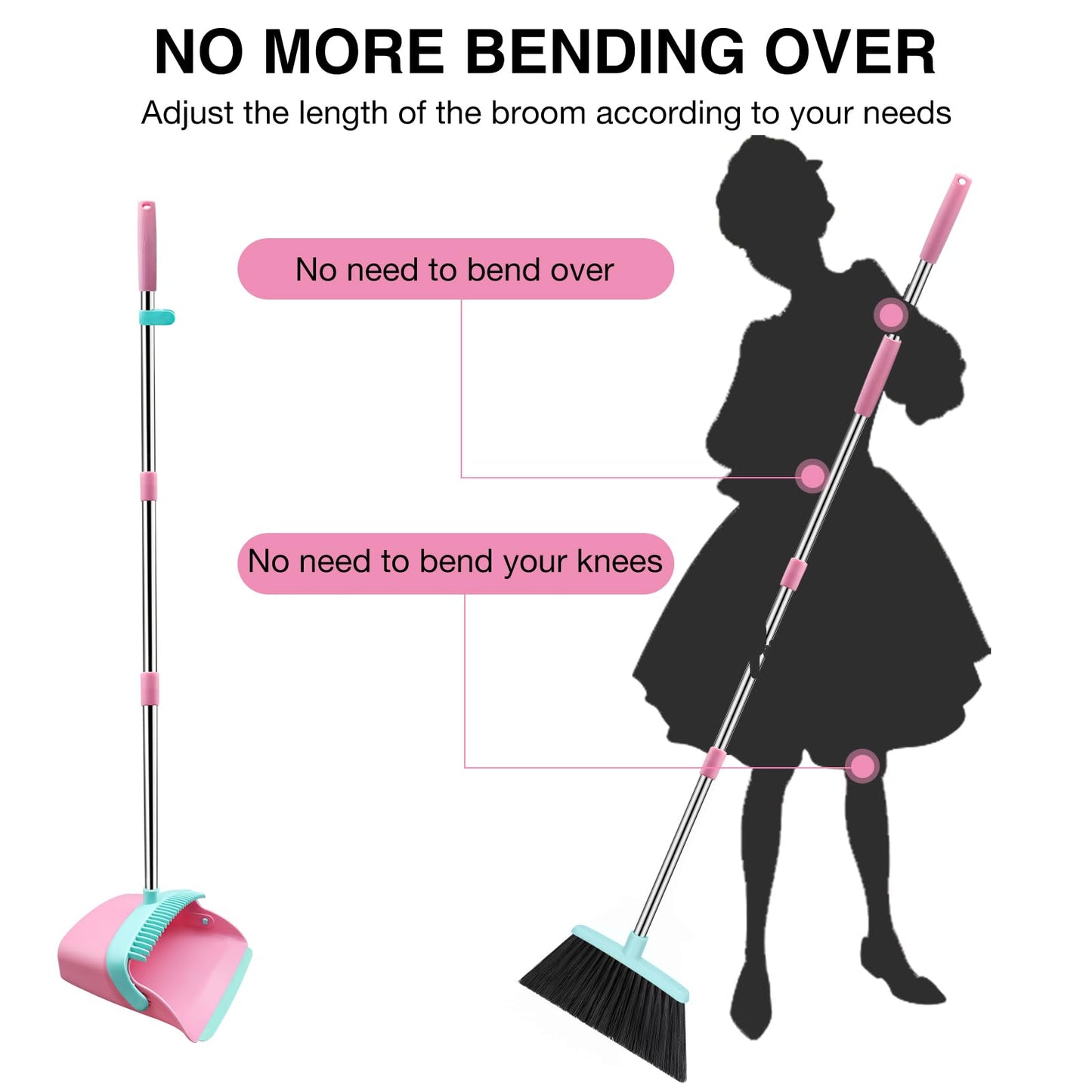 Broom and Dustpan Set, 52-in Long Adjustable Handle Broom Dustpan Combo with Dust pan Teeth to Automatically Clean Hair Suitable for Home Kitchen Office Hall Floor (Pink&Blue), 2 Pack