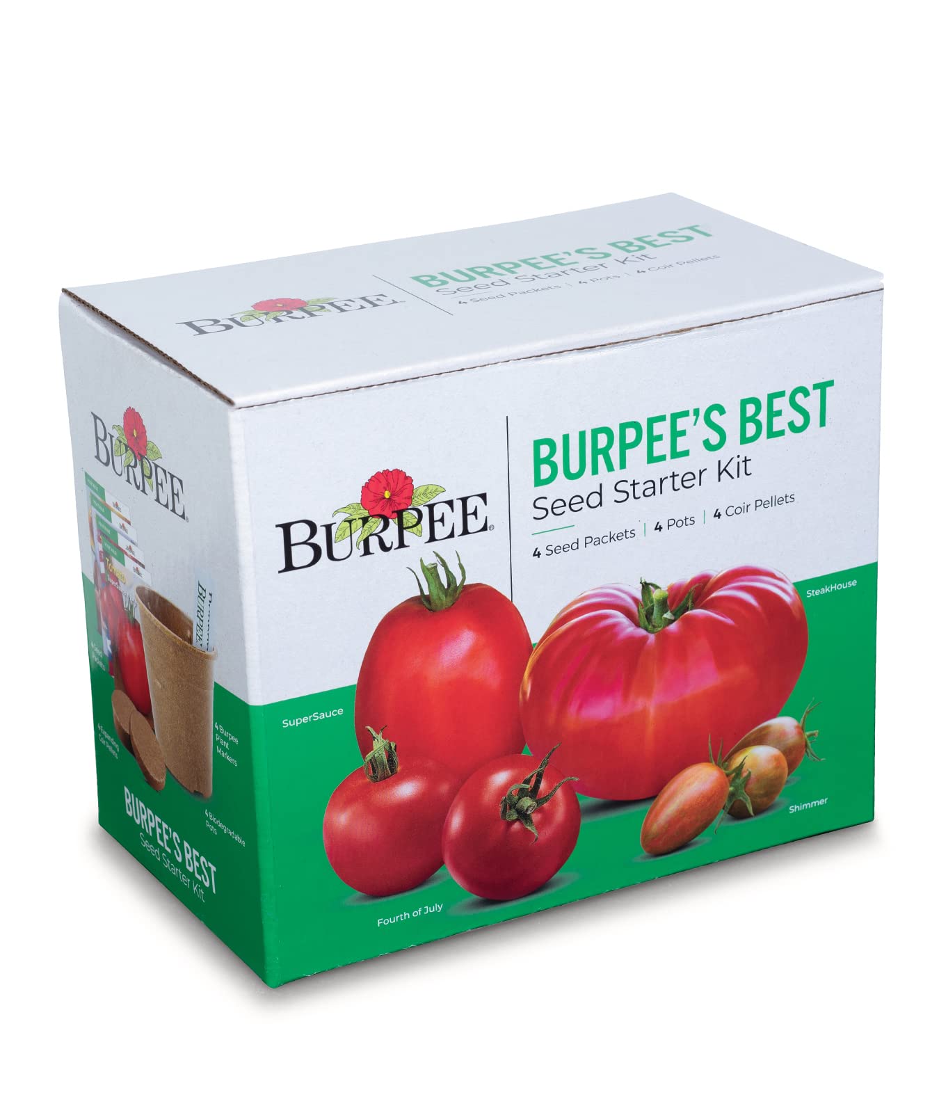 Burpee Best Starter Kit, SuperSauce, Fourth of July, Shimmer & Steakhouse, 4 Tomato Seed Packets, 4 Pots, 4 Coir Pellets & 4 Plant Markers