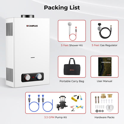 CAMPLUX Portable Propane Water Heater 2.64 GPM, Camping Water Heater with 3.3 GPM Water Pump Kit & Pipe Strainer, 68,000 BTU, BD264P120
