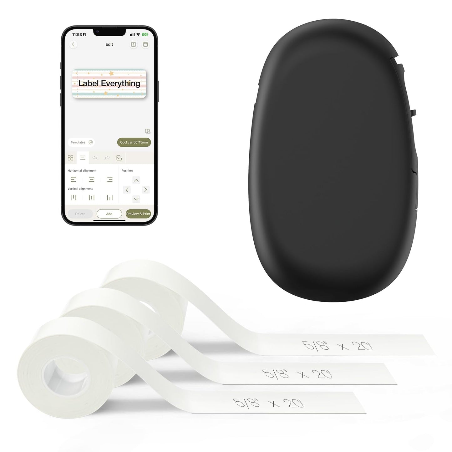 SUPVAN E10 Bluetooth Label Maker Machine with 3 Tapes, Continuous Waterproof Label, Versatile App with 35 Fonts and 1k+ Icons, Inkless Labeler for Home, Kitchen, School, Office Organization, Black