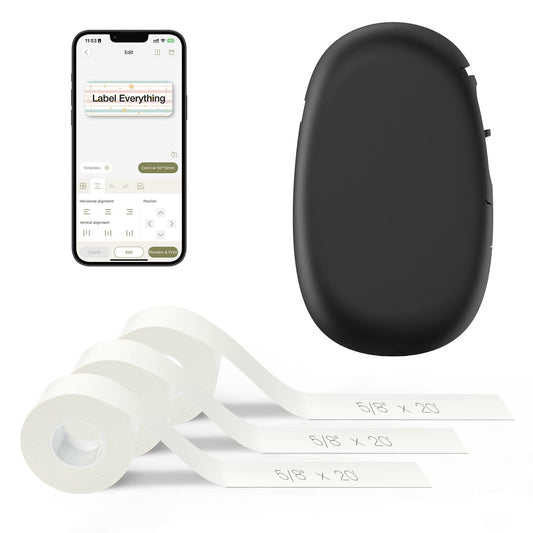SUPVAN E10 Bluetooth Label Maker Machine with 3 Tapes, Continuous Waterproof Label, Versatile App with 35 Fonts and 1k+ Icons, Inkless Labeler for Home, Kitchen, School, Office Organization, Black