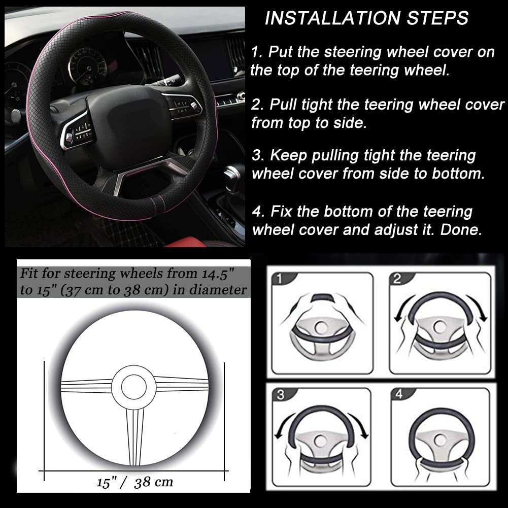 Rueesh Microfiber Leather Steering Wheel Cover Anti-Slip Matte Finish Auto Car Wheel Cover Universal 15 Inch Wheel Cover for Car Embossing Pattern (Pink Line)
