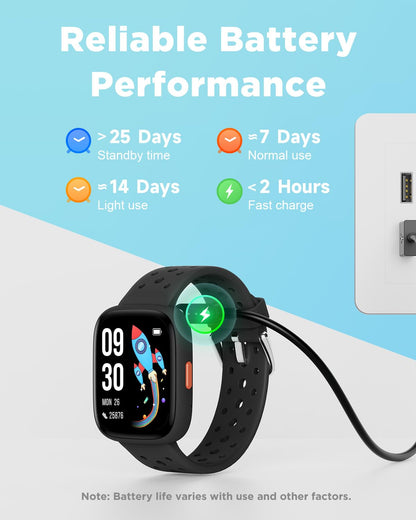 BIGGERFIVE Smart Watch for Kids, 1.8" Fitness Tracker Watch Pedometer, Heart Rate, Sleep Monitor, IP68 Waterproof, Calorie Step Counter, Puzzle Games with/Without APP for Girls Boys Teens 5-16, Black