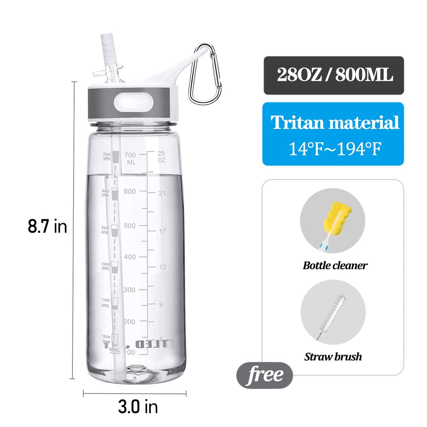 Sports Water Bottle with Straw & Handle, BPA-Free Water Bottle with Motivational Marker Reminder Leakproof 27oz 800ml High Capacity Drinking Bottle for Athletic, Running, Outdoor Activity