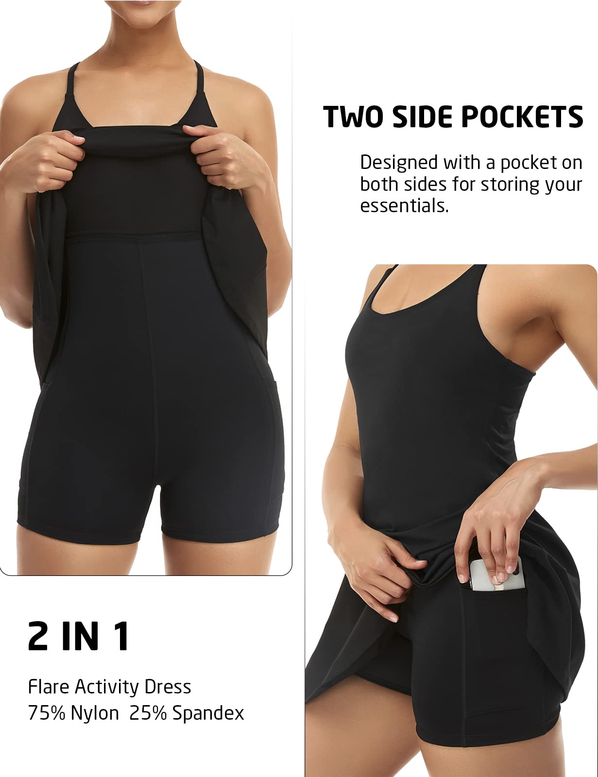 Womens Tennis Dress, Workout Dress with Built-in Bra & Shorts Pockets Exercise for Golf Athletic Dresses for Women Black